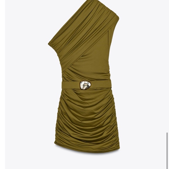 Zara Dresses & Skirts - Zara Asymmetrical Olive Dress with Belt